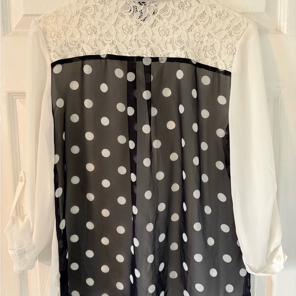 Sheer White Blouse Lace Yoke Polka Dot Back Button Front Roll Sleeve Top Women L - Picture 6 of 10